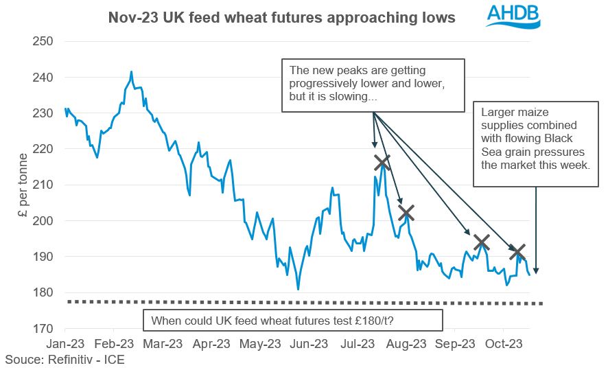 A graph showing UK feed wheat futures values